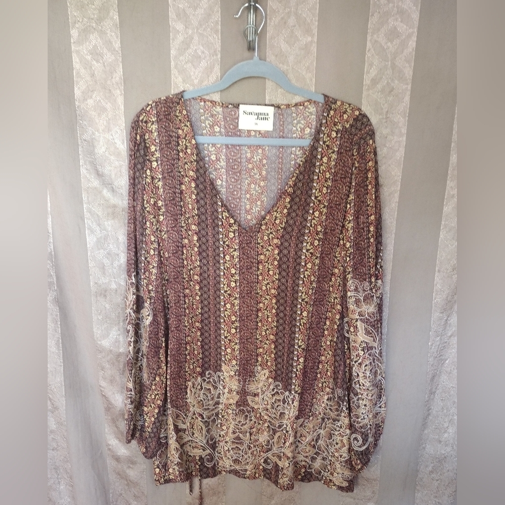Floral Print V-Neck Women's Blouse in Brown and Cream